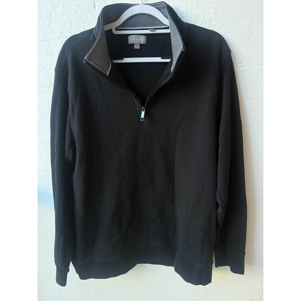 Ted Baker Textured Knit Quarter Zip Pullover Sweater Cotton Blend Mens Black